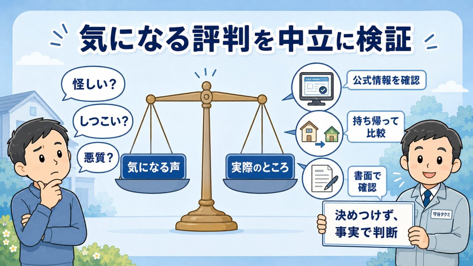 ハウスプロテクトの気になる評判を中立に検証する図。天秤の左に怪しい・しつこい・悪質という気になる声、右に公式情報の確認・持ち帰って比較・書面で確認を乗せ、決めつけず事実で判断すると守谷タクミが示すいらすとや風イラスト。