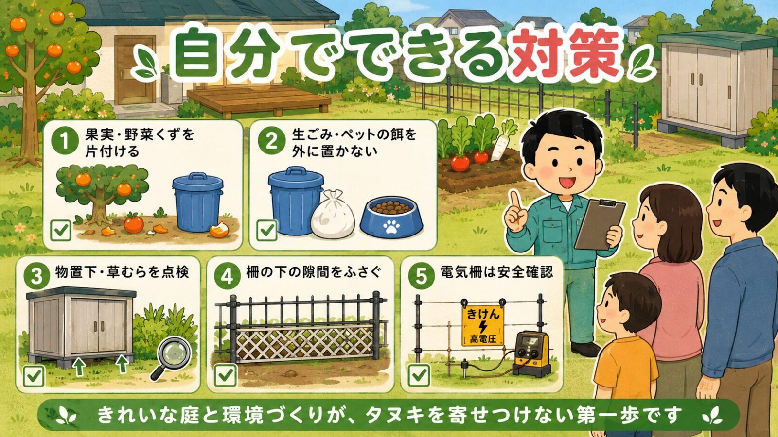 庭で自分でできるタヌキ対策を、果実の片付け、ペットの餌管理、物置下点検、柵の隙間対策、安全確認の5つで整理した図解
