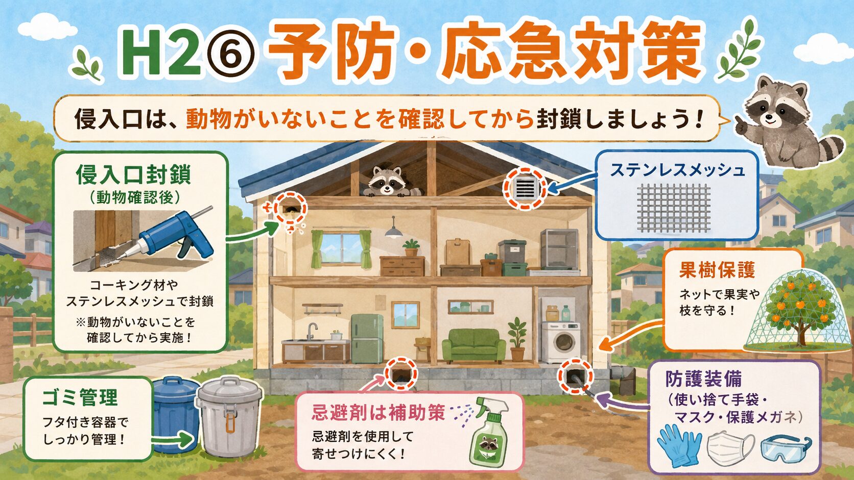 自分でできる予防・応急対策。「侵入口は、動物がいないことを確認してから封鎖しましょう!」と明示した住宅断面図とアイコンで表現。侵入口封鎖(動物確認後)・ステンレスメッシュ・果樹保護・ゴミ管理・忌避剤は補助策・防護装備(使い捨て手袋・マスク・保護メガネ)の6要素を配置。