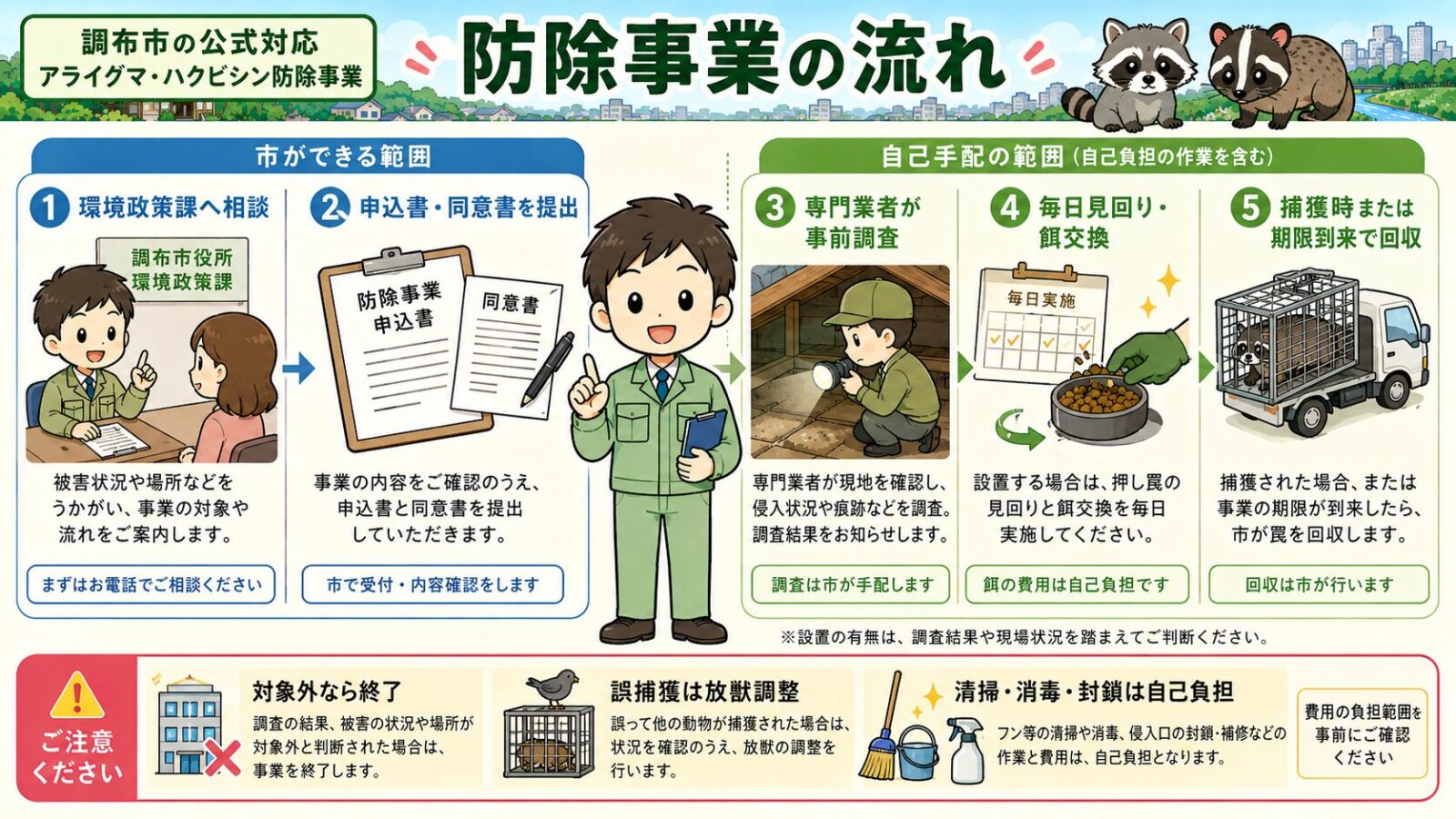 調布市のアライグマ・ハクビシン防除事業の流れを、相談、申請、事前調査、見回り、回収の5段階で整理した図解