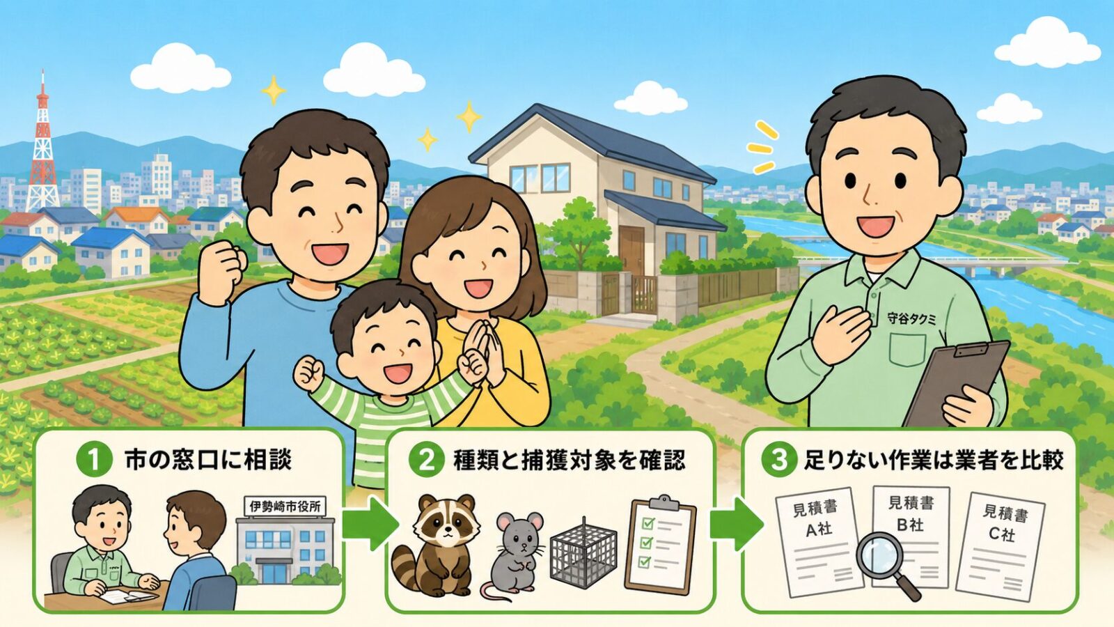 伊勢崎市の害獣駆除のまとめ図。公式窓口への相談から業者選びまでとして、市の窓口に相談・害獣の種類と捕獲対象を確認・足りない作業は業者を比較の3ステップと、捕獲は市の手配で建物側は民間業者・費用は参考相場で現地調査で変動・急がず複数社を比較という注意を、解決後の家族の笑顔とともに示すいらすとや風イラスト。
