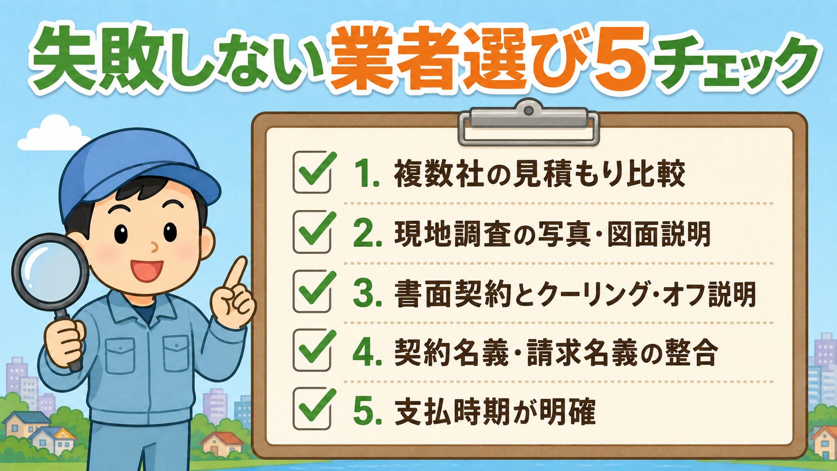 春日部市での失敗しない業者選び5チェック(判断材料の一つ)。複数見積もり・現地調査(写真・図面で説明)・書面契約・クーリング・オフ説明・契約名義・請求名義の整合・支払時期が明確の5項目をクリップボード形式で表現。緑のチェックマーク付きで虫眼鏡を持つ作業着男性キャラクターと併記。