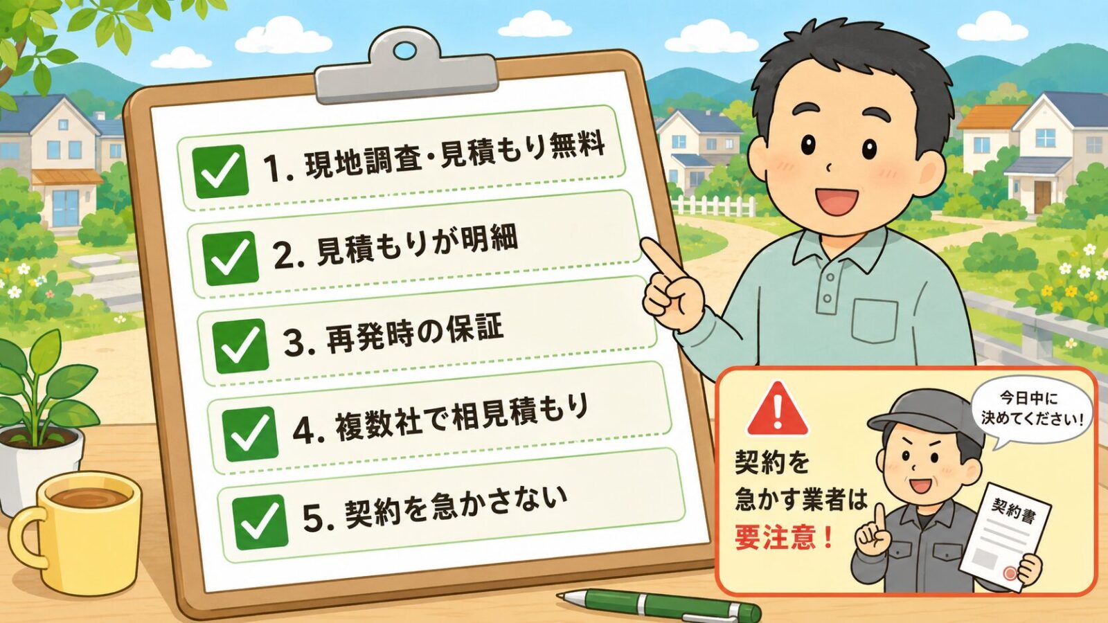 小山市の害獣駆除で失敗しない業者選び5つのチェックポイントを示す図。現地調査見積もり無料・見積もりが明細・再発時の保証・複数社で相見積もり・契約を急かさないの5項目をチェックリストで並べ、急かす業者は冷静に比較できずトラブルになりやすいと守谷タクミが添えるいらすとや風イラスト。