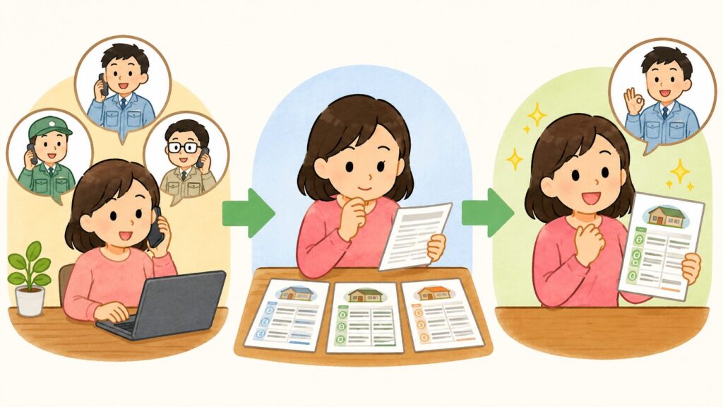 無料相談のあとに複数社比較から判断まで進む3ステップを図解したH2画像