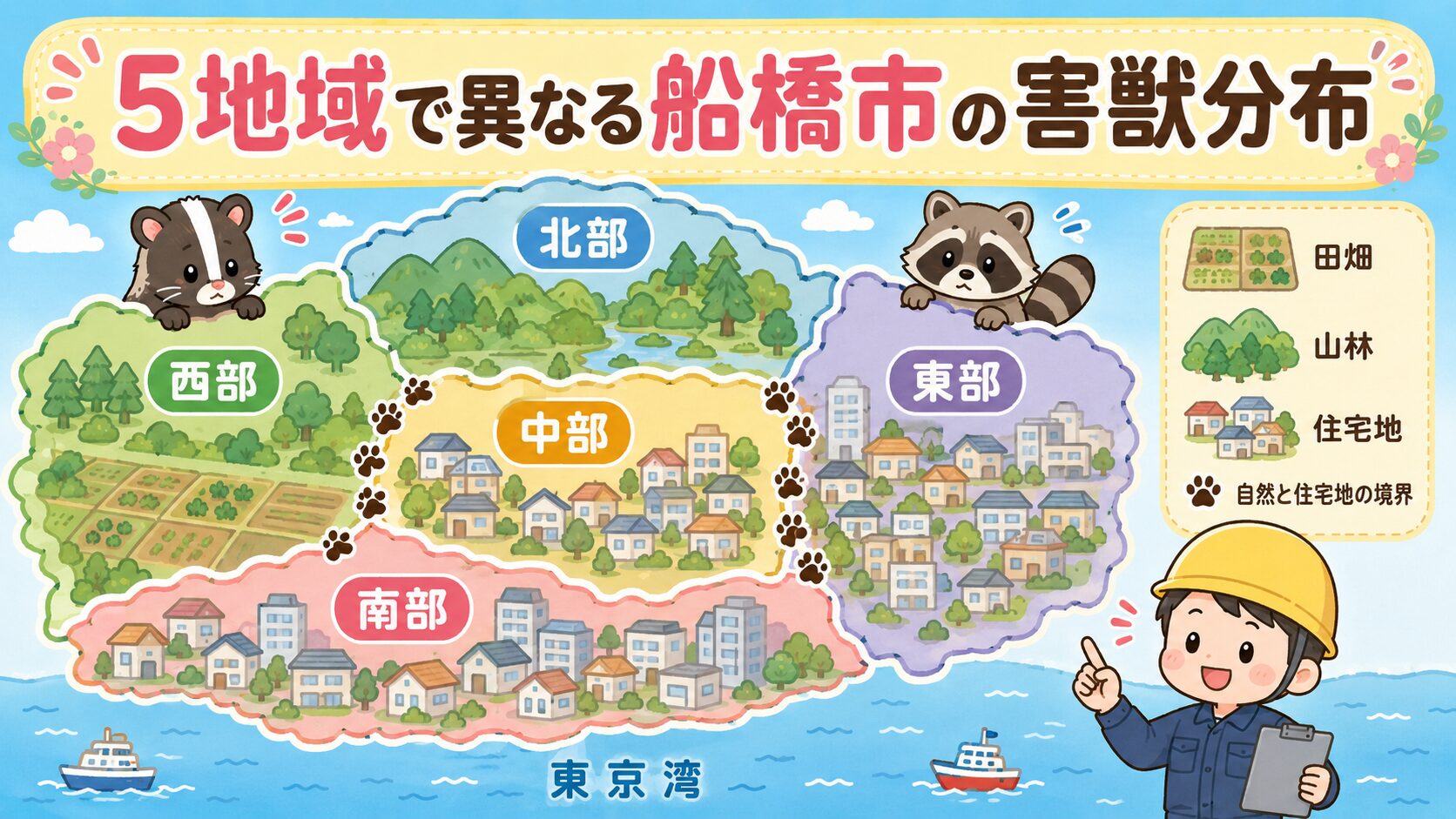 船橋市の地図に5地域(南部・西部・中部・東部・北部)を色分けし、東京湾と田畑・山林の混在を表現したインフォグラフィック。屋根裏に困った顔のハクビシンキャラクターと畑のアライグマキャラクターが描かれた、いらすとや風のフラット2Dイラスト。
