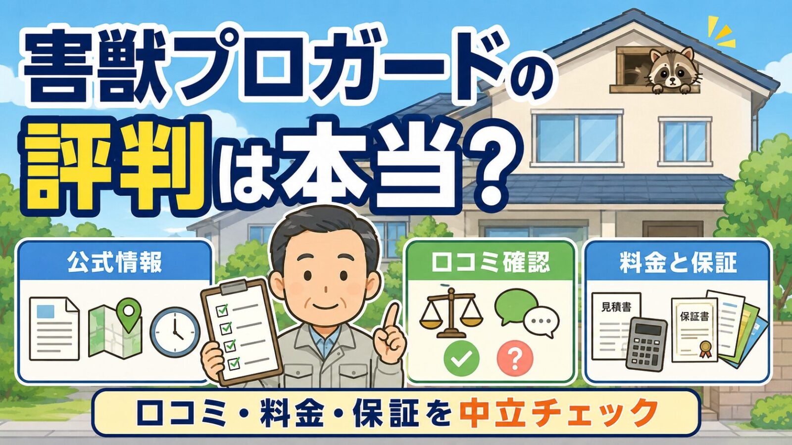 害獣プロガードの評判は本当かを解説するメイン画像。一軒家を背景に作業着姿の守谷タクミが、公式情報の確認・口コミ確認・料金と保証という3つの軸で中立にチェックする様子を示すいらすとや風イラスト。屋根のすき間からキュートな害獣が顔をのぞかせている。