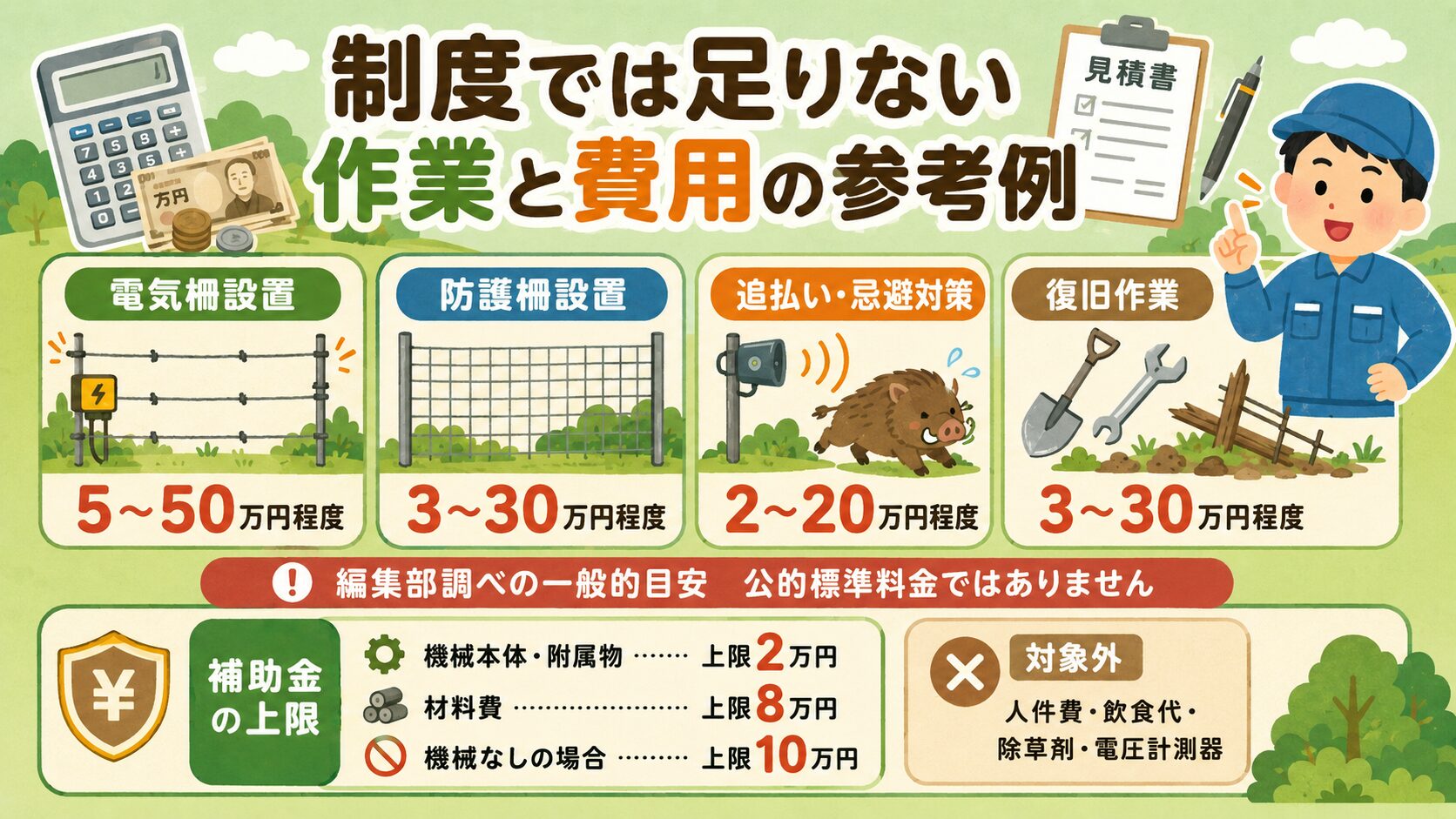 秩父市でシカ・イノシシ被害対策にかかる費用参考例を視覚化。電気柵設置・防護柵設置・追払い対策・被害後の復旧作業(踏み荒らし整地・破損柵の補修)の4カテゴリを電卓・札・見積書アイコンとともに表示。右上に「捕獲は鳥獣対策課と猟友会/電気柵・防護柵は秩父市有害鳥獣防除対策補助金あり(要鳥獣対策課確認)」のシールド型アイコン。下部に「編集部調べの一般的目安・秩父市や公的機関の標準料金ではありません」の注記。