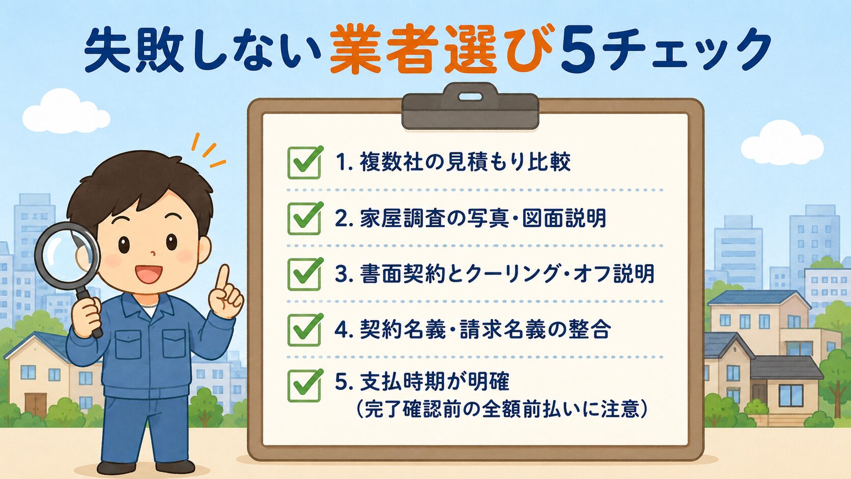 市川市での失敗しない業者選び5チェック(判断材料の一つ)。複数見積もり・家屋調査(写真・図面で説明)・書面契約・クーリング・オフ説明・契約名義・請求名義の整合・支払時期が明確の5項目をクリップボード形式で表現。緑のチェックマーク付きで虫眼鏡を持つ作業着男性キャラクターと併記。