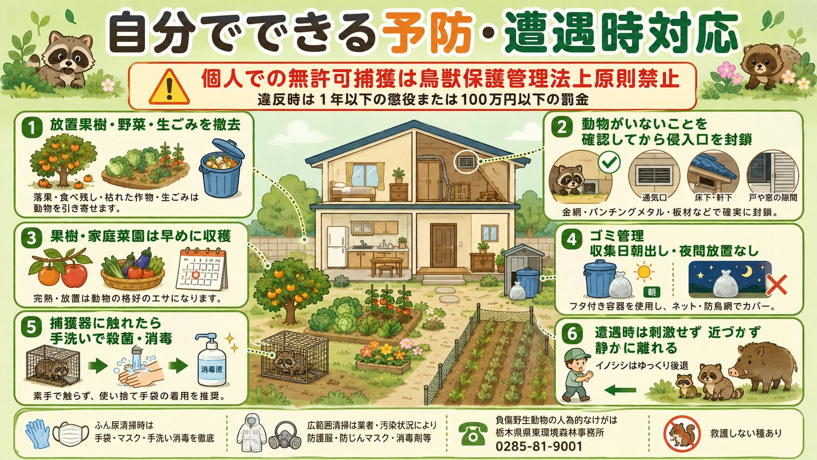 自分でできる害獣の予防・遭遇時対応。<br><br>庭・畑・住宅断面図のイラストとアイコンで6要素を表現。①誘引源を断つ(放置果樹・野菜・生ごみの撤去)、②侵入口を塞ぐ(動物が残っていないことを確認後)、③ゴミ管理(収集日朝出し・夜間放置なし)、④果樹保護(ネット設置)、⑤捕獲器に触れたら手洗い消毒、⑥遭遇時は刺激せず・近づかず・背中を見せずに静かに離れる。<br><br>「個人での無許可捕獲は鳥獣保護管理法上原則禁止(違反時は1年以下の懲役または100万円以下の罰金)」の注意も配置。