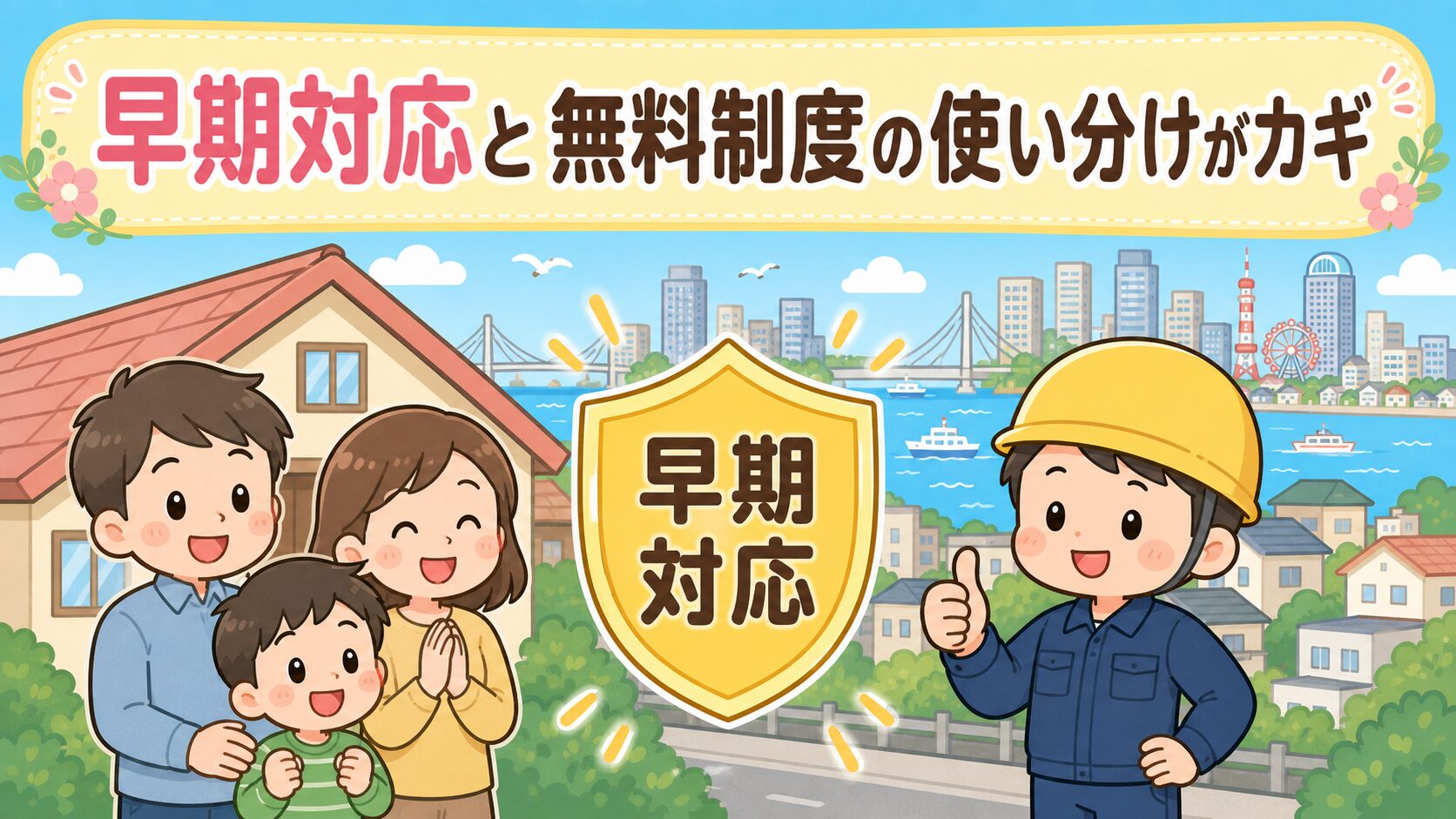 早期対応と無料制度の使い分けがカギ。守谷タクミ風の作業着男性が親指を立て、家族(夫婦と子ども)が安心した笑顔で並ぶ。中央に「早期対応」のシールド、背景に船橋市の街並みと東京湾を配置したいらすとや風のまとめイラスト。