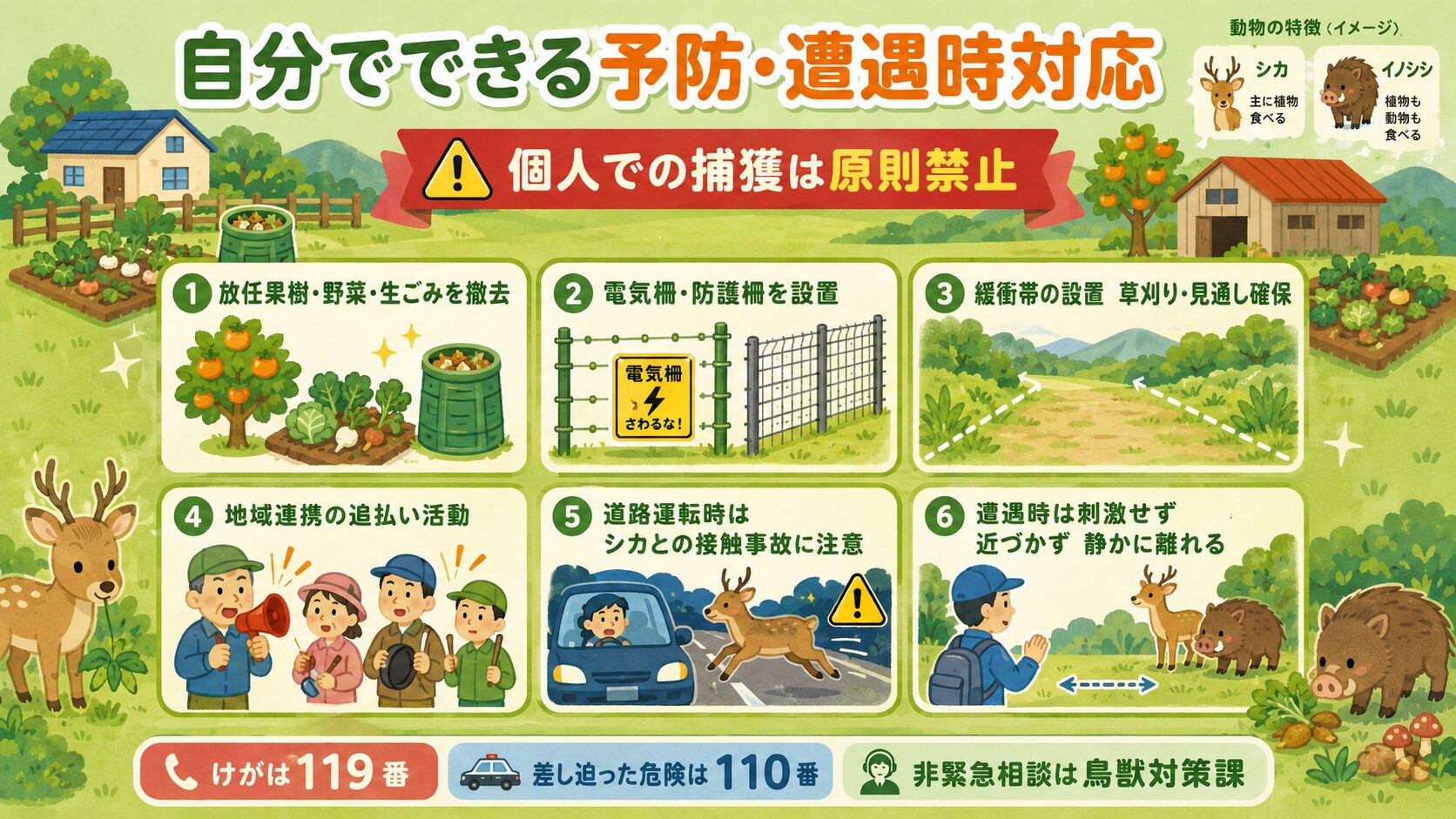 自分でできるシカ・イノシシの予防・遭遇時対応。庭・畑のイラストとアイコンで6要素を表現。①誘引源を断つ(放任果樹・野菜・生ごみの撤去)、②電気柵・防護柵の設置(補助金は鳥獣対策課に要確認)、③緩衝帯の設置(草刈り・見通しの確保)、④放任果樹の伐採、⑤テレメトリーは市が活用する技術なので個人は対象外、⑥遭遇時は刺激せず・近づかず・背中を見せずに静かに離れる。「個人での捕獲は鳥獣保護管理法違反」の注意も配置。