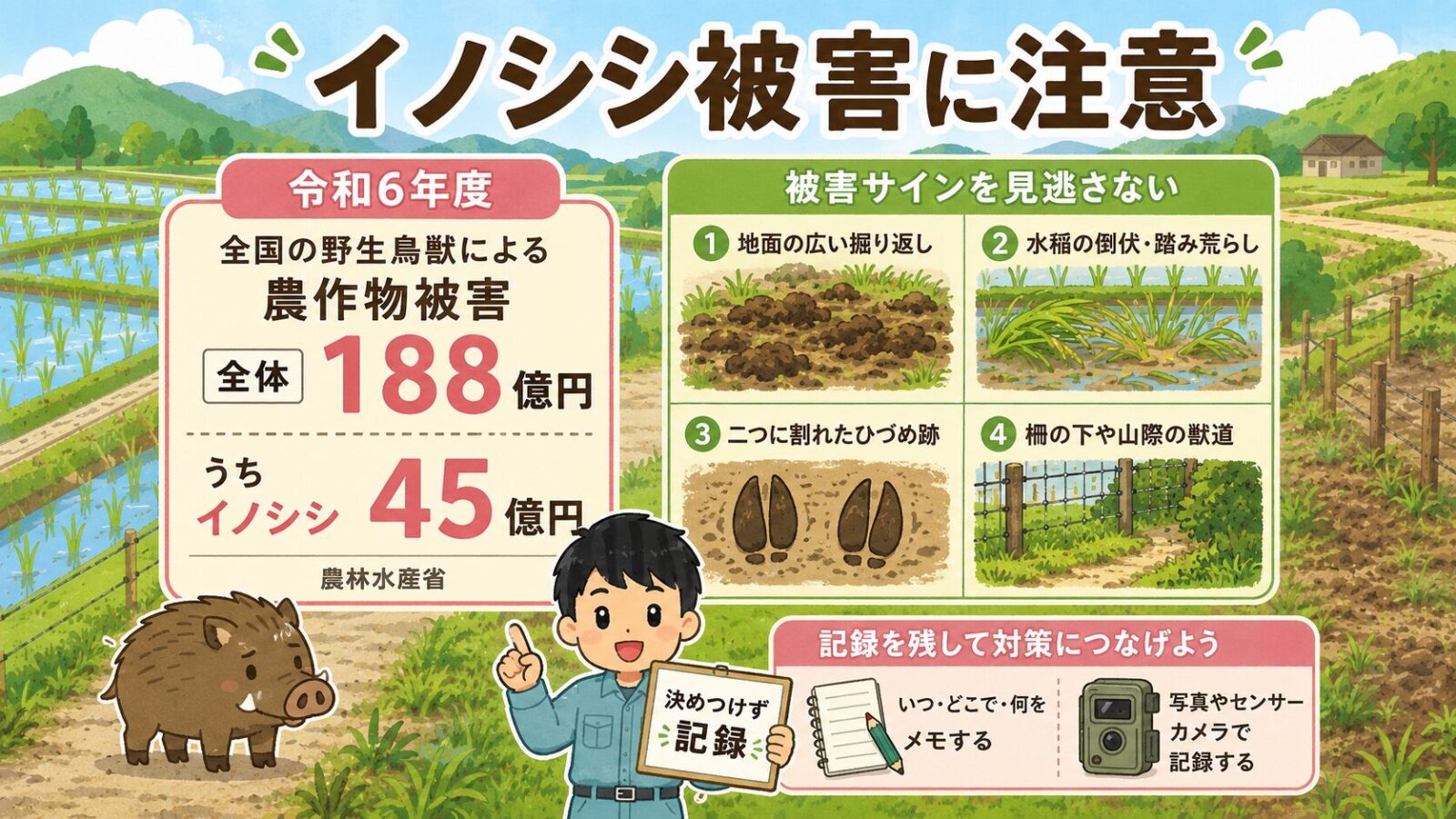 令和6年度の農作物被害額とイノシシ被害額、掘り返し、稲の倒伏、ひづめ跡、獣道などの被害サインを整理した図解