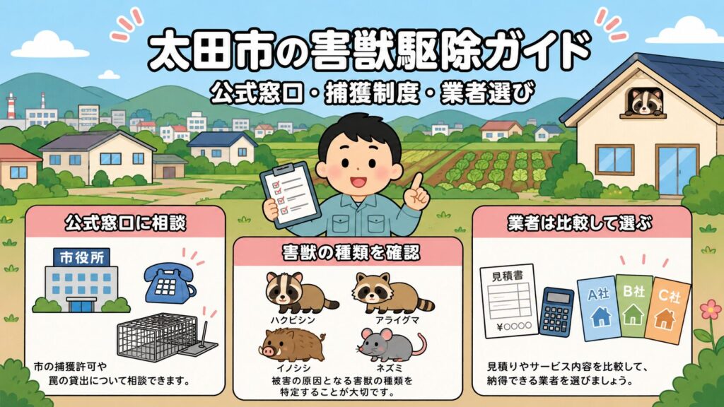太田市の害獣駆除ガイドのメイン画像。住宅と北部の丘陵・農地を背景に守谷タクミが、公式窓口に相談・害獣の種類を確認・業者は比較して選ぶの3軸を案内するいらすとや風イラスト。ハクビシン・アライグマ・イノシシ・ネズミと市の捕獲制度の檻も添えている。