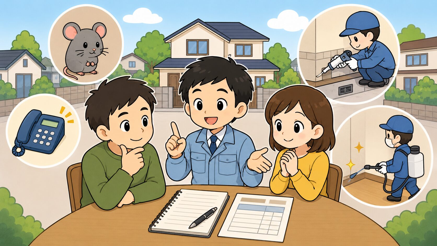 相談メモと見積書を見ながら保健所相談から業者比較までの流れを整理しているまとめイメージ