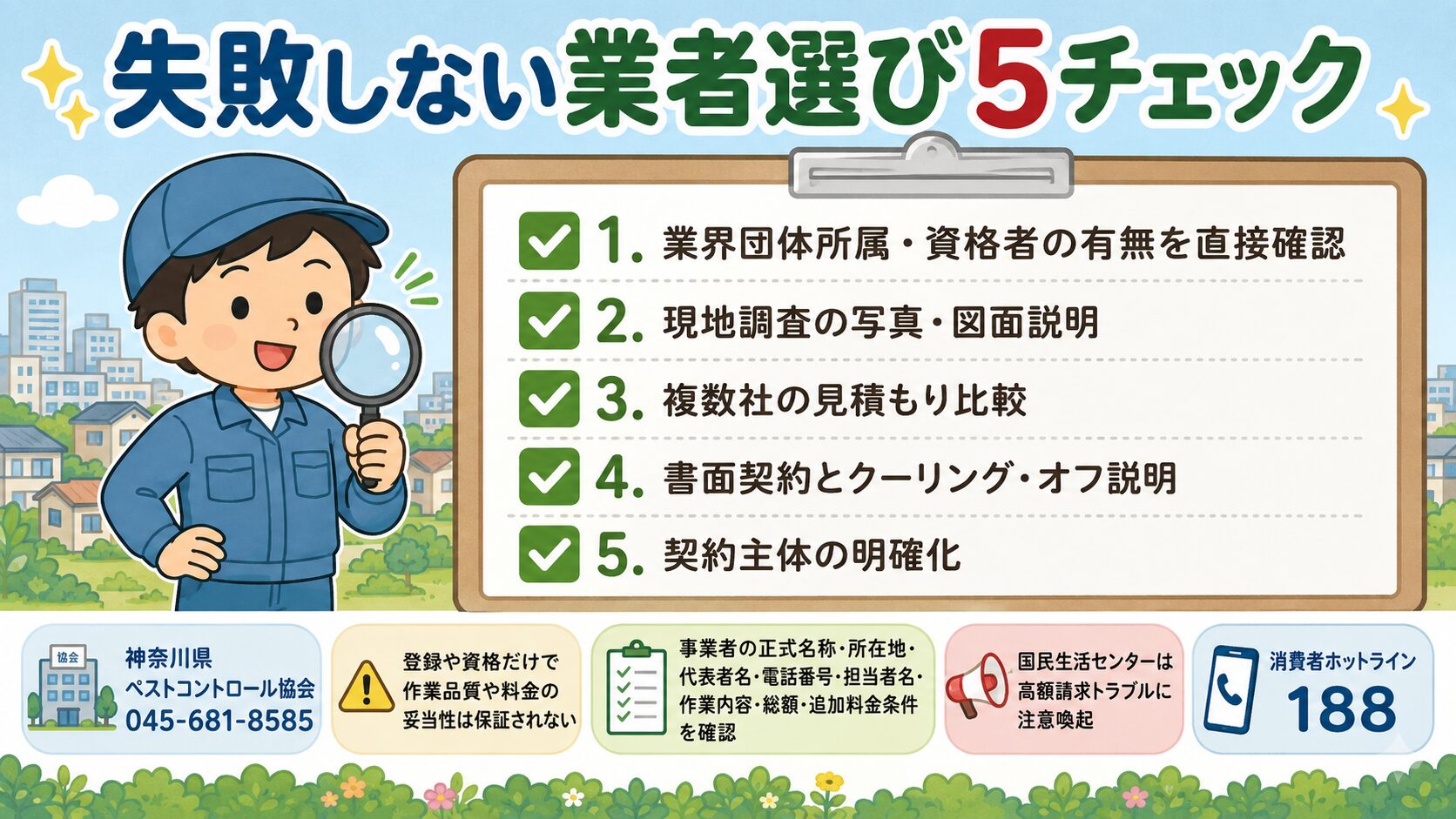 厚木市での失敗しない業者選び5チェック(判断材料の一つ)。<br><br>業界団体所属・資格者の有無を直接確認(神奈川県ペストコントロール協会 045-681-8585)・現地調査(写真・図面で説明)・複数社の見積もり比較・書面契約とクーリング・オフ説明・契約主体の明確化(事業者の正式名称・所在地・代表者名・電話番号・担当者名・作業内容・総額・追加料金の条件)の5項目をクリップボード形式で表現。<br><br>緑のチェックマーク付きで虫眼鏡を持つ作業着男性キャラクターと併記。