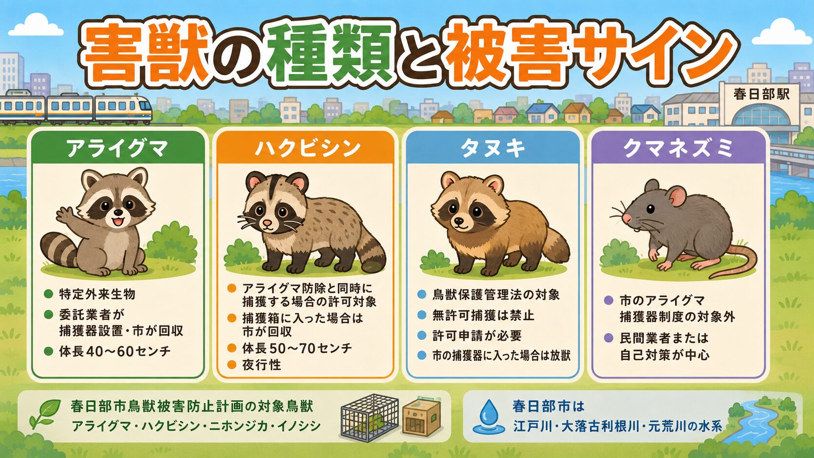 春日部市で多い害獣4種類(アライグマ・ハクビシン・タヌキ・クマネズミ)の見分け方と市の対応区分のインフォグラフィック。アライグマ=特定外来生物・市の制度で委託業者が捕獲器設置/市が回収、ハクビシン=アライグマ防除と同時の捕獲は許可対象・捕獲箱に入った場合は市が回収、タヌキ=鳥獣保護管理法対象で県知事の許可必要・市の捕獲器に入った場合は放獣、クマネズミ=市公式の捕獲器制度の対象外・民間業者または自己対策、を分かりやすく整理。「春日部市鳥獣被害防止計画の対象鳥獣=アライグマ・ハクビシン・ニホンジカ・イノシシ」「春日部市は江戸川・大落古利根川・元荒川の水系」の地形注記入り。