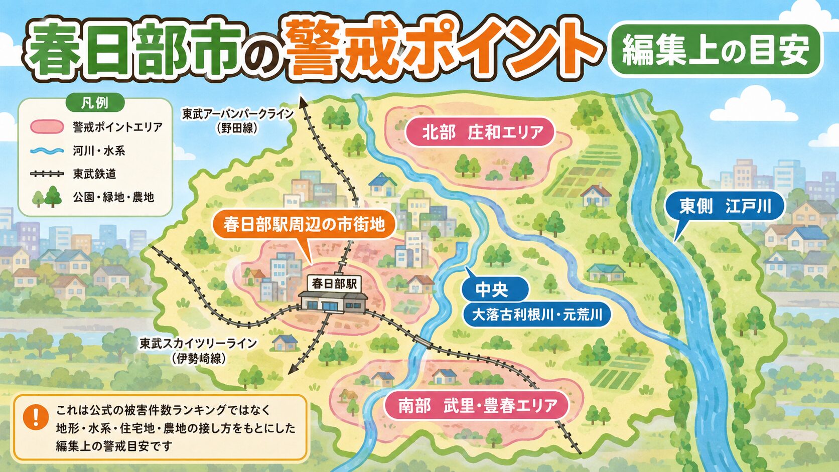 春日部市の地域別害獣警戒ポイント。埼玉県東部の関東平野中央に位置する地形を表現し、東側の江戸川(千葉県野田市との境界)、中央の大落古利根川、元荒川、春日部駅周辺の市街地、北部の庄和エリア、南部の武里エリアを地図イラストで表現。「これは公式の被害件数ランキングではなく、地形・水系・住宅地・農地の接し方をもとにした編集上の警戒目安です」の注記入りインフォグラフィック。