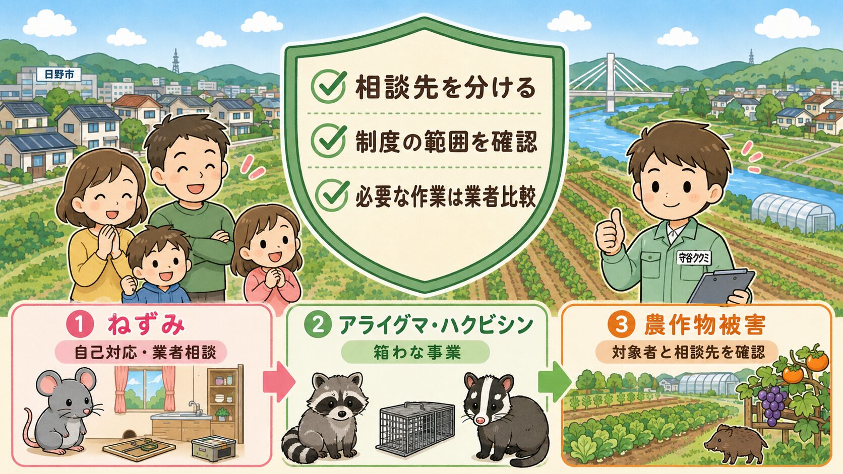 日野市の害獣駆除は相談先を分け、制度の範囲を確認し、必要な作業は業者比較へ進めることをまとめた図解