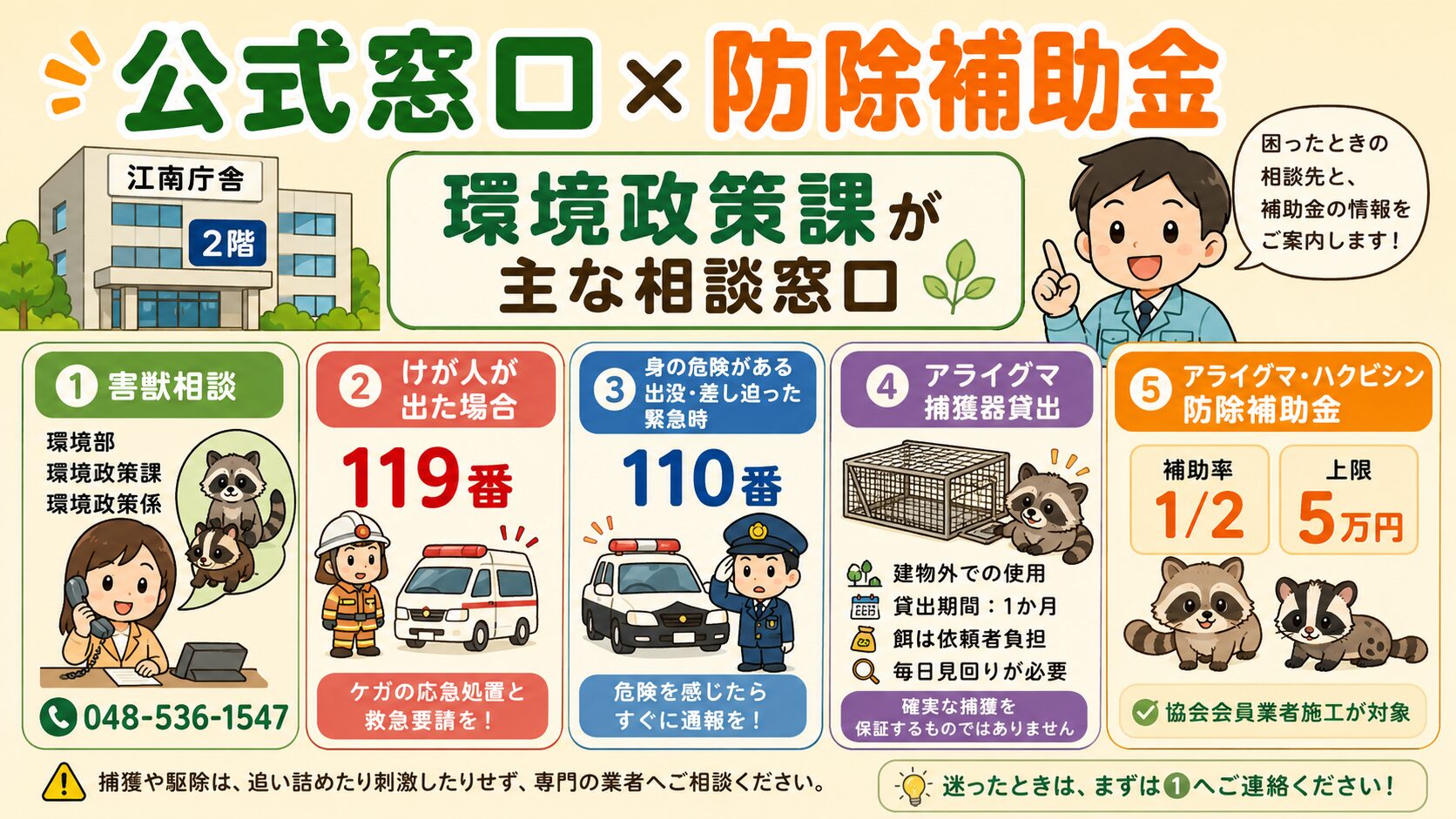 熊谷市の害獣駆除公式窓口とアライグマ・ハクビシン防除補助金の図解。熊谷市江南庁舎2階を中心に①アライグマ・ハクビシン・害獣全般=環境部 環境政策課 環境政策係 048-536-1547、②けがをした場合=119番、③身の危険がある出没・差し迫った緊急時=110番、④アライグマ捕獲器貸出(建物外・1か月・餌は依頼者負担・毎日見回り)、⑤アライグマ・ハクビシン防除補助金(補助率1/2・上限5万円・埼玉県ペストコントロール協会会員業者施工)、を視覚化。「環境政策課が主な相談窓口」と明示。