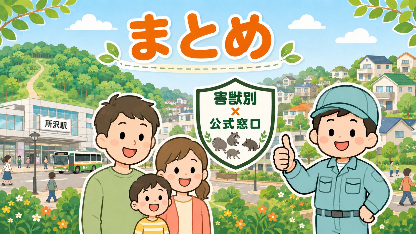 まとめ:害獣の種類で動く先を変えるのが所沢市の王道。家族(夫婦と子ども)が安心した笑顔で並び、中央に「害獣別×公式窓口」のシールド型アイコン、作業着男性キャラクターが親指を立てる。背景に所沢駅前と狭山丘陵の街並み。