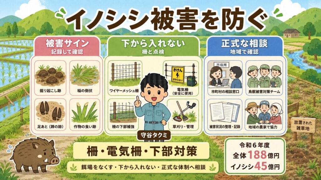 イノシシ被害を柵と電気柵で防ぐ方法。被害サイン、下部対策、安全確認、正式な捕獲体制への相談を整理したアイキャッチ画像