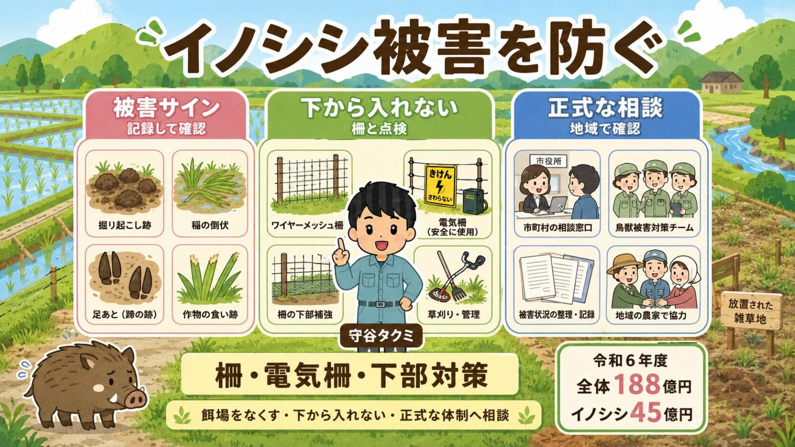 イノシシ被害を柵と電気柵で防ぐ方法。被害サイン、下部対策、安全確認、正式な捕獲体制への相談を整理したアイキャッチ画像