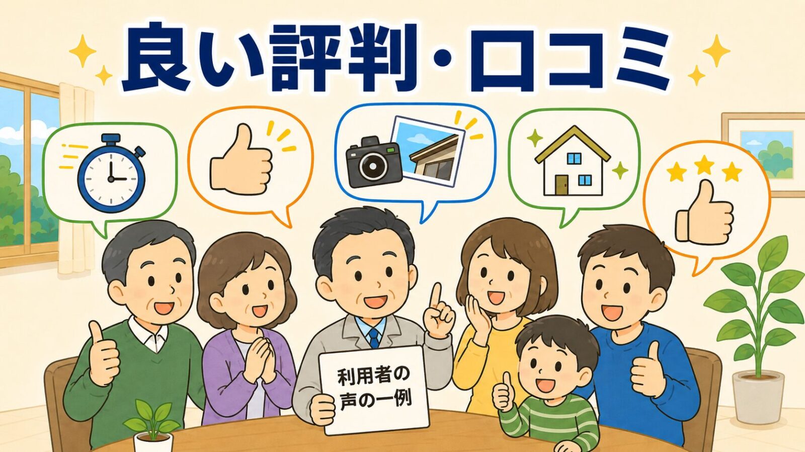 害獣プロガードの良い評判・口コミを集めた図。複数の家主が吹き出しで対応の早さを表す時計、写真付き説明、グッドサインや星マークを掲げて満足する様子を、利用者の声の一例として中立に示すいらすとや風イラスト。