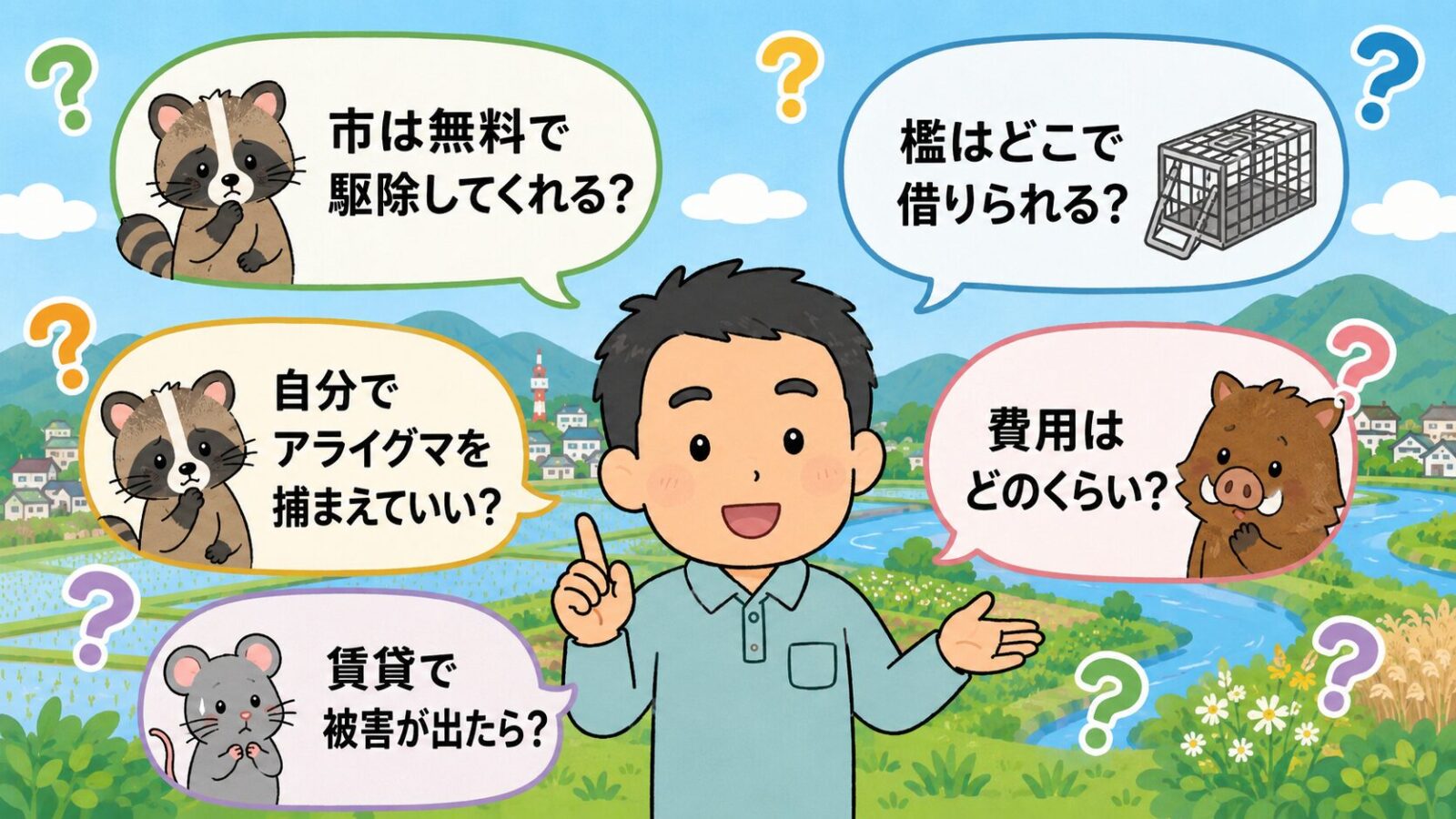 小山市の害獣駆除のよくある質問の図。市は無料で駆除してくれるか・檻はどこで借りられるか・自分でアライグマを捕まえていいか(無許可は不可)・費用はどのくらいか・賃貸で被害が出たらどうするかの5つの疑問を吹き出しで整理したいらすとや風イラスト。