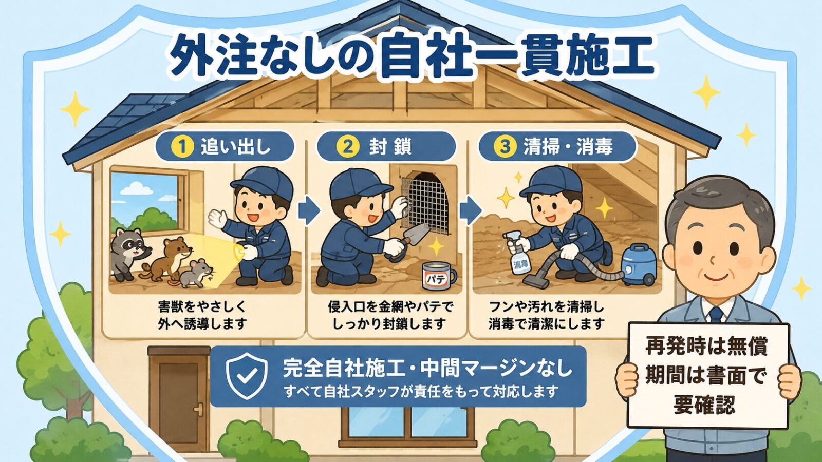 害獣プロガードの完全自社施工と保証を示す図。一軒家の断面図で、害獣をやさしく追い出し→侵入口を封鎖→屋根裏を清掃消毒する3工程を同じ制服のスタッフが行い、外注なし・中間マージンなし、再発時は無償で期間は書面で要確認と示すいらすとや風イラスト。