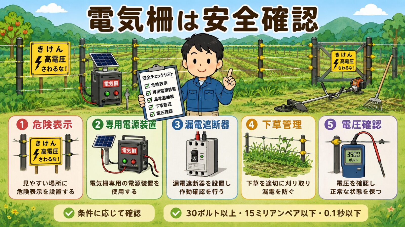 シカ対策で電気柵を使う前に確認したい、危険表示、専用電源装置、漏電遮断器、下草管理、電圧確認を整理した図解