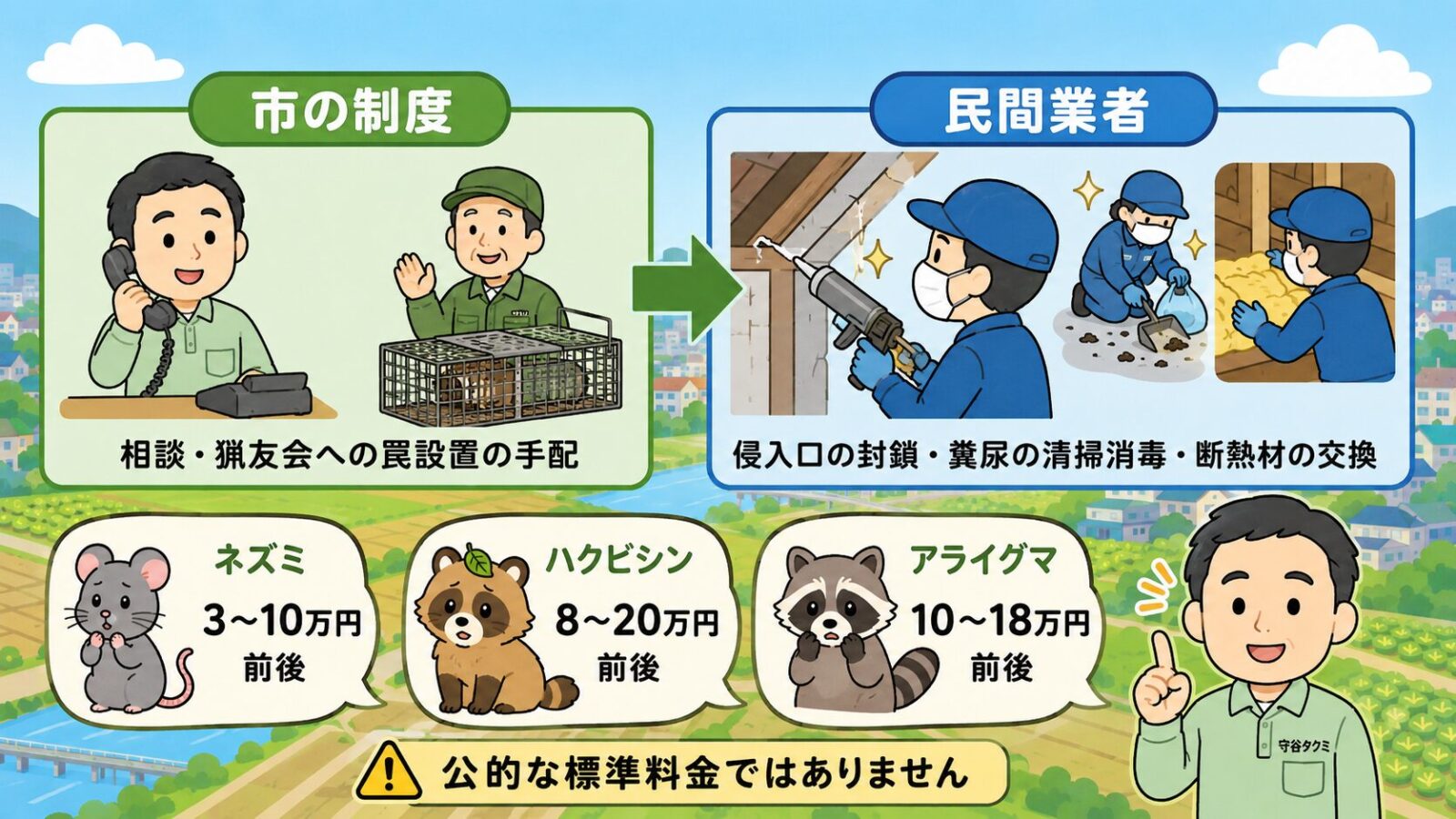 伊勢崎市で市の制度だけでは完結しない作業と費用相場を示す図。市の制度(相談と佐波伊勢崎猟友会への罠設置の手配)と民間業者(侵入口の封鎖・糞尿の清掃消毒・断熱材の交換)の役割分担を矢印でつなぎ、費用は民間業者に依頼する場合の参考目安で公的な標準料金ではないと注記するいらすとや風イラスト。