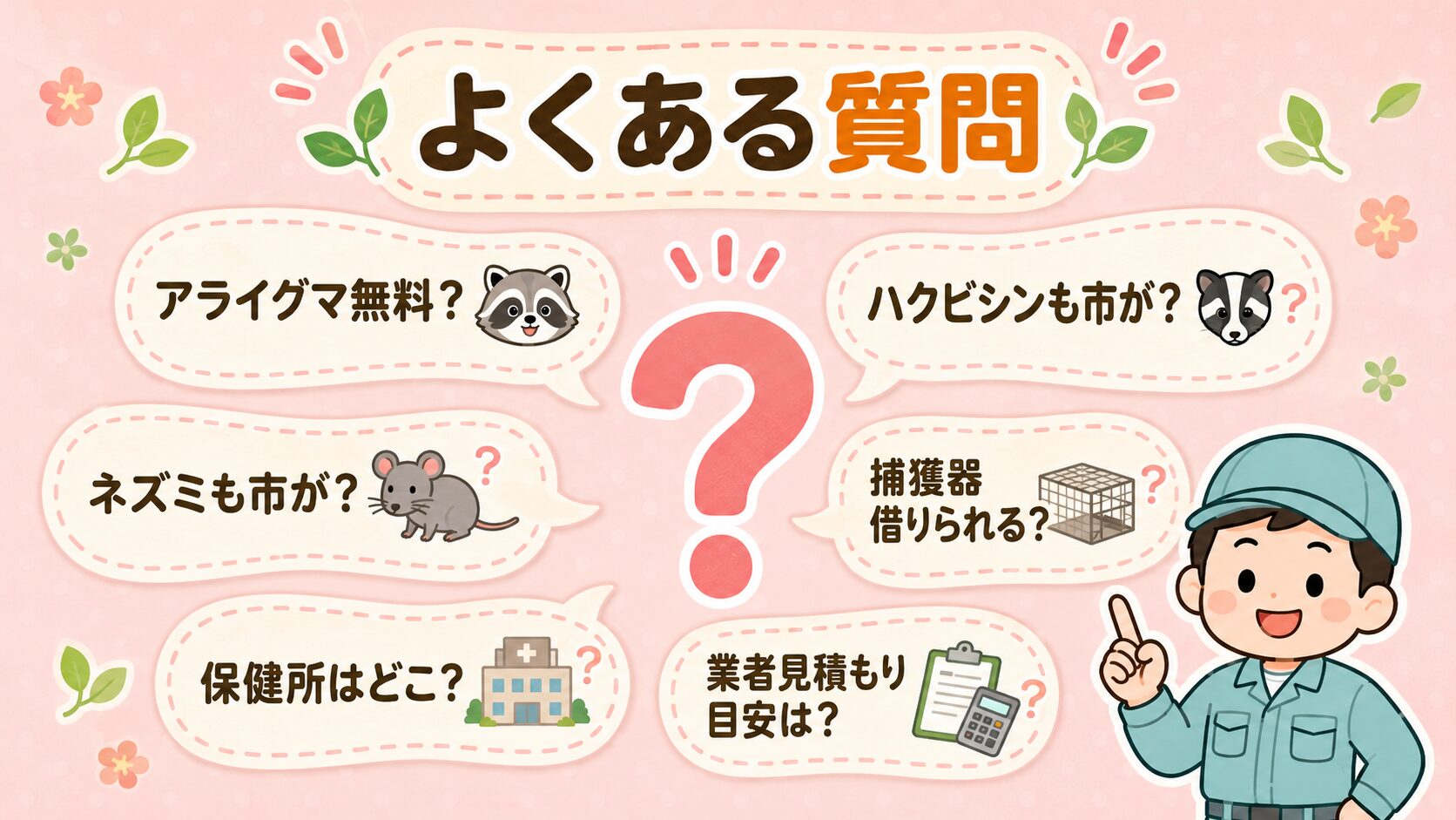 所沢市の害獣駆除でよくある質問6つを吹き出し形式で表示。アライグマ無料?ハクビシンも市が?ネズミも市が?捕獲器借りられる?保健所はどこ?業者見積もり目安は?を中央のクエスチョンマークの周囲に配置。パステルピンク背景。