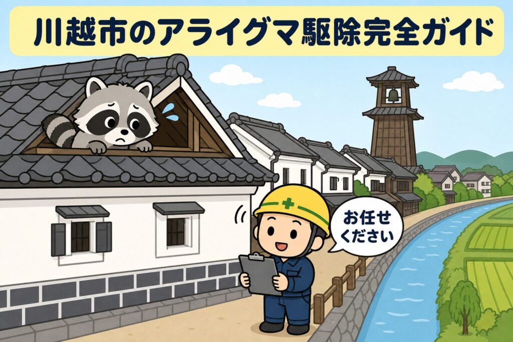 川越市のアライグマ駆除完全ガイドのメインアイキャッチ。蔵造りの町並みを背景に、屋根裏から困った顔で覗くアライグマ（目の周りの黒マスク・尻尾の黒リング縞）と、紺色つなぎ・黄色ヘルメットの守谷タクミ風キャラクターが立ち、川越の時の鐘と新河岸川を背景にしたいらすとや風フラット2Dイラスト。