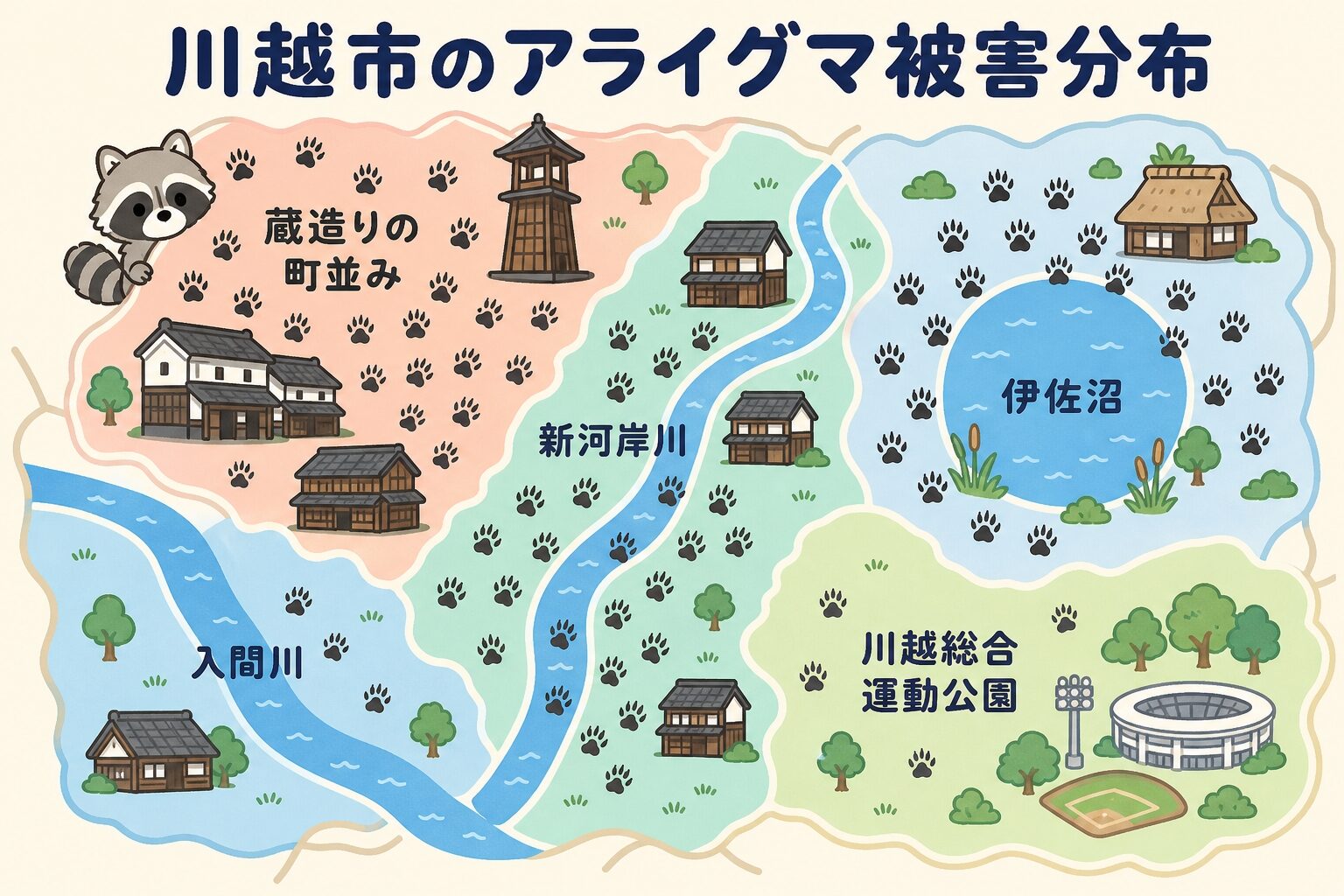 川越市の地図に蔵造りの町並み・新河岸川・入間川・伊佐沼・川越総合運動公園を配置し、アライグマの足跡マークを散らしたインフォグラフィック。古民家・町家・蔵造り建築・農地が点在する川越市の被害特性を視覚化したいらすとや風イラスト。