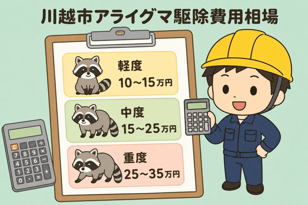 川越市のアライグマ駆除費用相場をクリップボードと電卓で示したインフォグラフィック。軽度10〜15万円、中度15〜25万円、重度25〜35万円のカード形式で表示され、屋根裏点検中のアライグマキャラクターと作業員が並ぶいらすとや風デザイン。