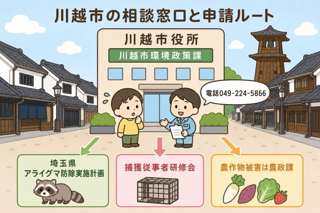 川越市の相談窓口と捕獲従事者制度を、環境政策課の建物と相談中の市民・職員のいらすとや風キャラクターで表現したインフォグラフィック。電話番号049-224-5866、所在地(元町1丁目)、埼玉県アライグマ防除実施計画、農政課(農作物被害)への矢印を配置。