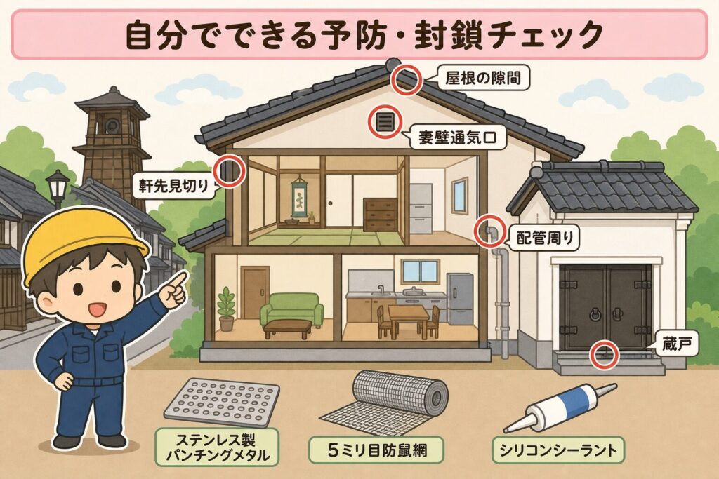 自分でできるアライグマ予防・応急対策を、いらすとや風の作業着男性が住宅の屋根隙間・換気口・配管周り・ゴミ置き場を点検しているイラストで表現。各侵入経路に赤い丸印とラベル付きで、川越市の蔵造りの町並みを背景にした親しみやすいデザイン。