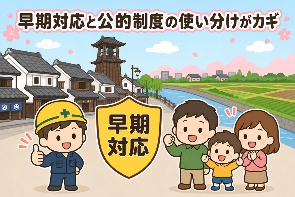 早期対応と公的制度の使い分けがカギ。守谷タクミ風の作業着男性が親指を立て、家族(夫婦と子ども)が安心した笑顔で並ぶ。中央に「早期対応」のシールド、背景に川越市の蔵造りの町並みと新河岸川を配置したいらすとや風のまとめイラスト。