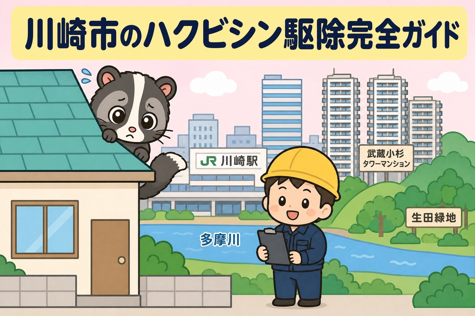 川崎市のハクビシン駆除完全ガイドのメインアイキャッチ。屋根裏から困った顔で覗くハクビシンと、紺色つなぎ・黄色ヘルメットの守谷タクミ風キャラクターが立ち、川崎市の街並みと多摩川を背景にした、いらすとや風フラット2Dイラスト。
