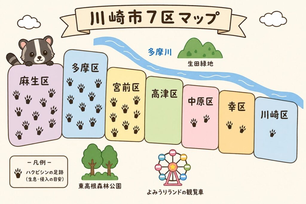 川崎市7区(川崎区・幸区・中原区・高津区・宮前区・多摩区・麻生区)の地図に、生田緑地・東高根森林公園・多摩川崖線などハクビシン出没エリアを色分けで示したインフォグラフィック。多摩区・麻生区・宮前区の丘陵地に多くの足跡マークが描かれ、武蔵小杉のタワーマンション群とハクビシンのキャラクターを配置。