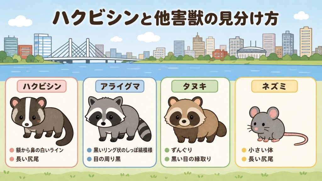 ハクビシン・アライグマ・タヌキ・ネズミの特徴を比較したインフォグラフィック。額から鼻にかけての白い線、長い尻尾、しま模様の尻尾などのポイントを矢印で説明し、いらすとや風のキャラクターで親しみやすく描かれている。川崎市らしく多摩川と街並みを背景に配置。