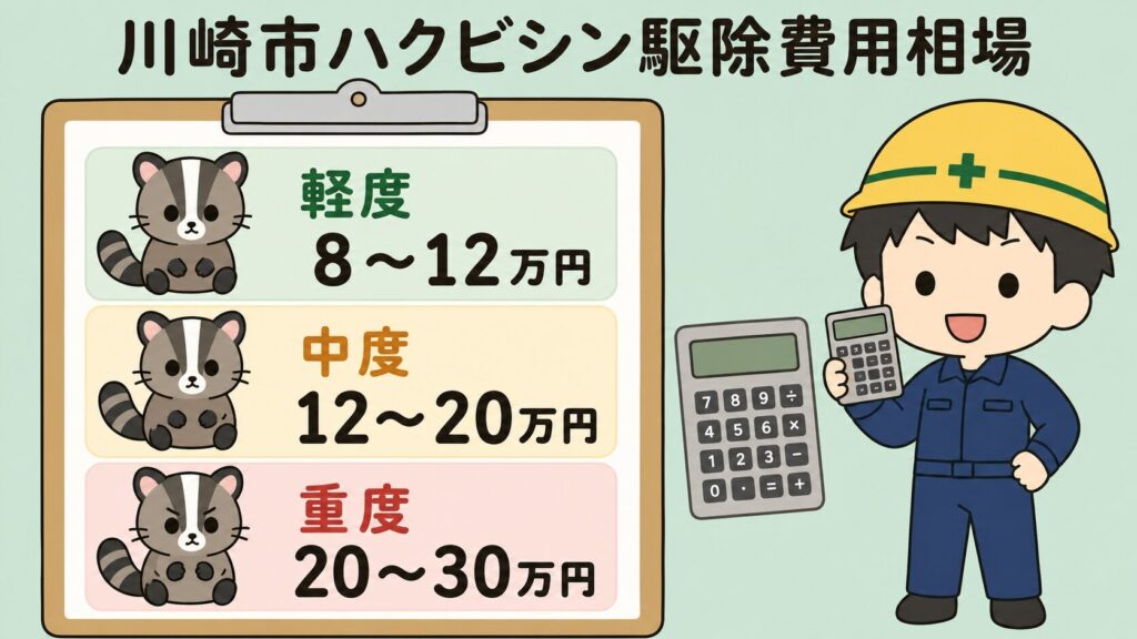 川崎市のハクビシン駆除費用相場をクリップボードと電卓で示したインフォグラフィック。軽度8〜12万円、中度12〜20万円、重度20〜30万円のカード形式で表示され、屋根裏点検中のハクビシンキャラクターと工務店スタッフが並ぶデザイン。