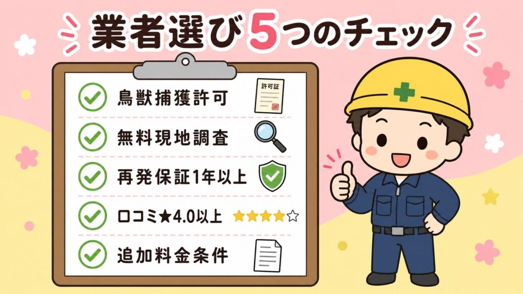 失敗しない業者選び5つのチェックポイント(鳥獣捕獲許可、無料見積もり、再発保証、口コミ実績、追加料金条件)をクリップボードに記載し、守谷タクミ風の作業着男性が親指を立てるポーズで「川崎市のハクビシン駆除なら安心」と訴求するインフォグラフィック。