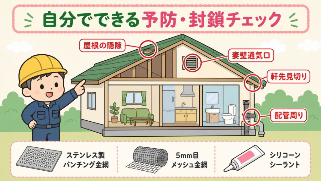 自分でできるハクビシン予防・応急対策を、いらすとや風の作業着男性が住宅の屋根隙間・換気口・配管周りを点検しているイラストで表現。各侵入経路に赤い丸印とラベル付きで、川崎市の住宅街を背景にした親しみやすいデザイン。