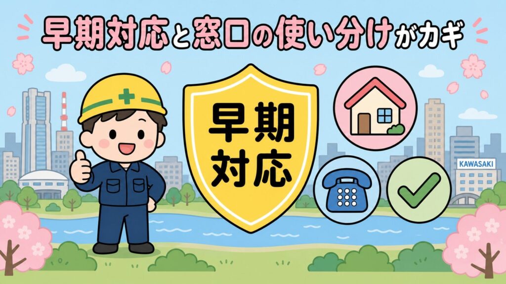 早期対応と窓口の使い分けがカギ。守谷タクミ風の作業着男性が親指を立て、家族(夫婦と子ども)が安心した笑顔で並ぶ。中央に「早期対応」のシールド、背景に川崎市の街並みと多摩川を配置したいらすとや風のまとめイラスト。