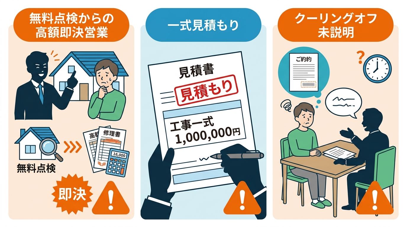 悪徳業者の3つの手口パターンを示すイラスト。左「無料点検からの高額即決営業」、中央「一式見積もり」、右「クーリングオフ未説明」の対比構図で、それぞれにオレンジ色の警告マークと日本語ラベル。セールスマンのシルエットや見積書のアイコン付き。