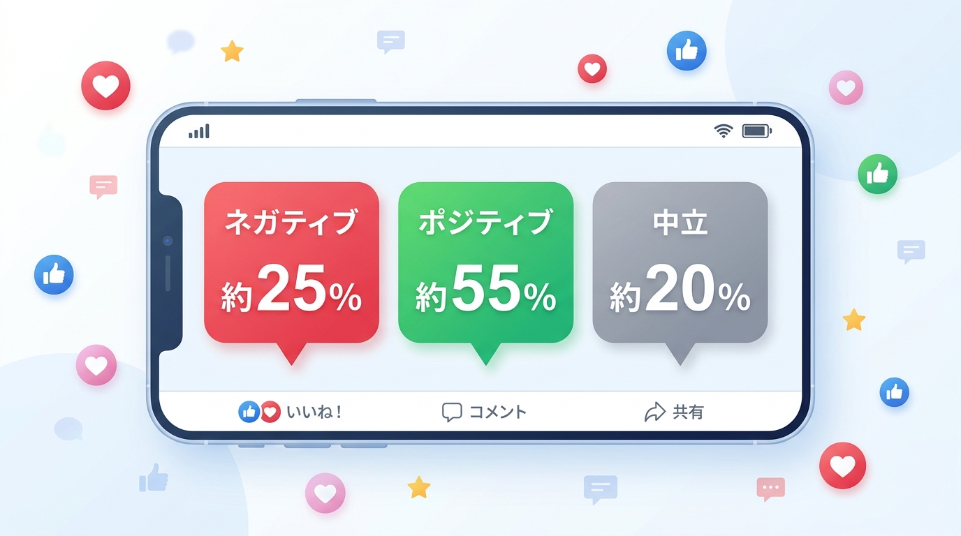 SNSと口コミ調査結果を示すスマートフォン画面イラスト。3つの吹き出しが並び、左「ネガティブ25%」、中央「ポジティブ55%」、右「中立20%」と日本語ラベルとアラビア数字で割合表示。SNSアイコン背景のクリーンなフラットデザイン。