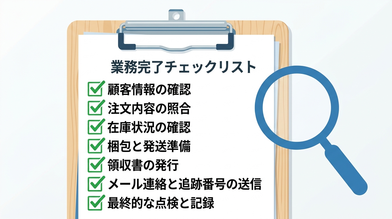 信頼できる業者を見極める7項目チェックリストを示すイラスト。クリップボードの上に7つの項目すべてに緑色のチェックマークが入った状態で並び、横に虫眼鏡アイコン。シンプルな白背景で実用的な図解スタイル。信頼感のある配色。