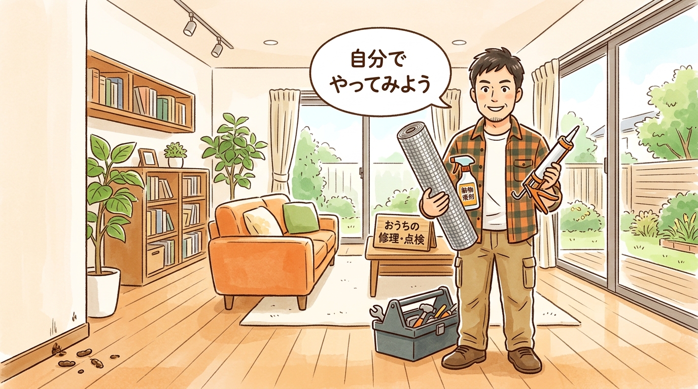 業者依頼が向いていないDIY得意タイプの人物像イラスト。工具箱と防獣グッズ（ステンレスメッシュ・忌避剤・コーキングガン）を持った前向きな人物が「自分でやってみよう」と取り組む姿。軽度被害のイメージで明るいリビングの背景。あたたかみのある画風。