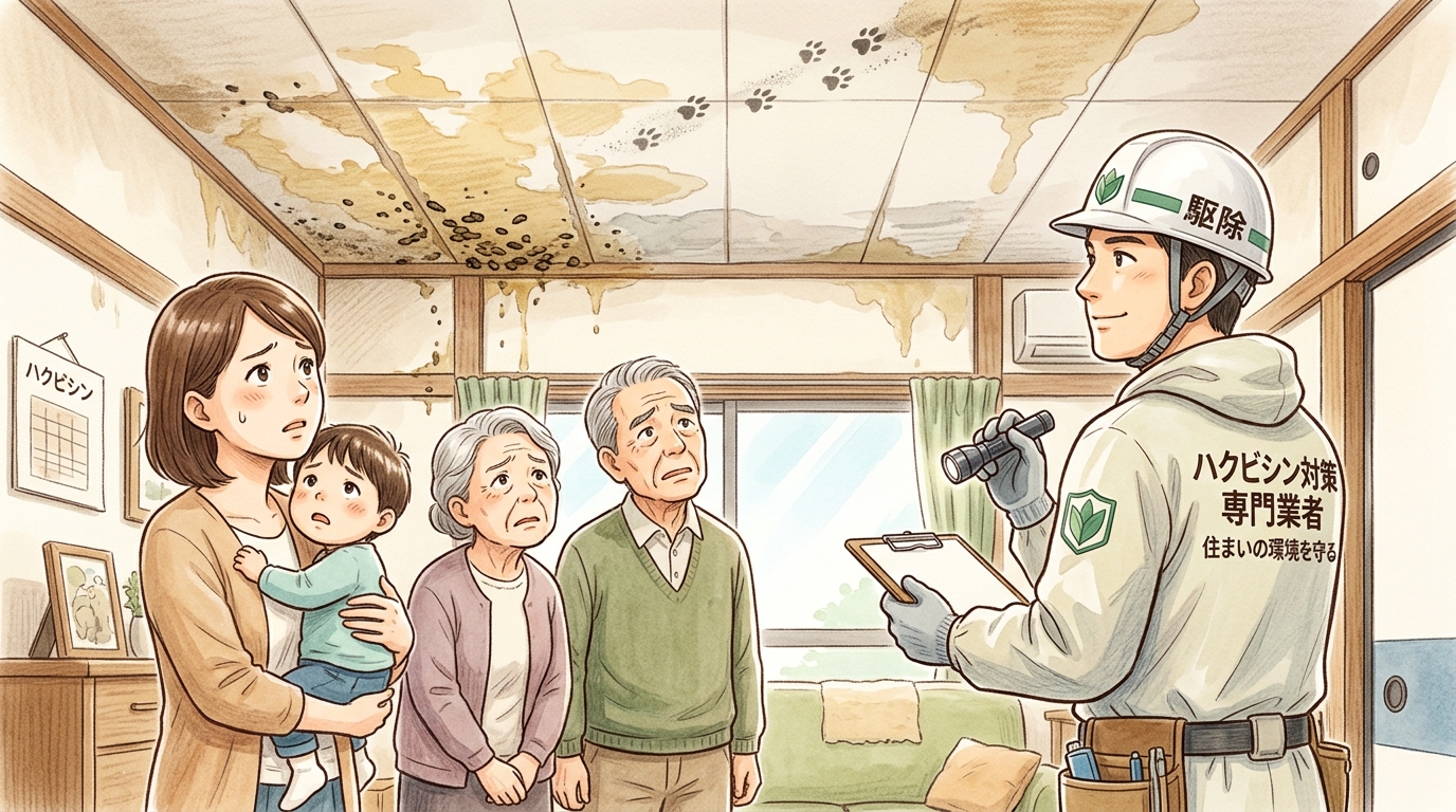 業者依頼が向いている家族のイラスト。子どもを抱いた母親と高齢の祖父母が心配そうに天井を見上げる場面で、天井裏には広範囲のハクビシン糞尿被害が見える。右側にはヘルメットと防護服のプロ作業者が頼もしく立ち、安心感を演出。